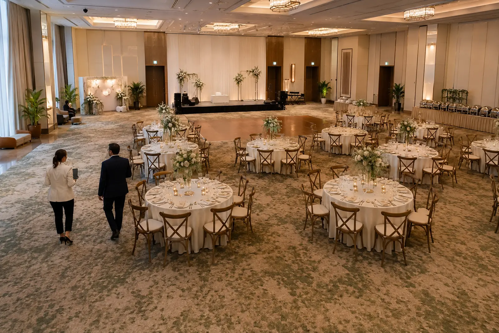 Ballroom setup with tables, dance floor and clear service routes