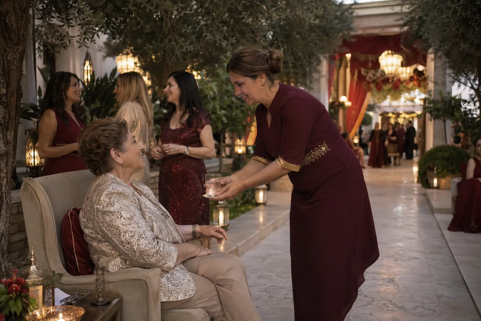 Quiet seating and water service ready for early-arriving guests