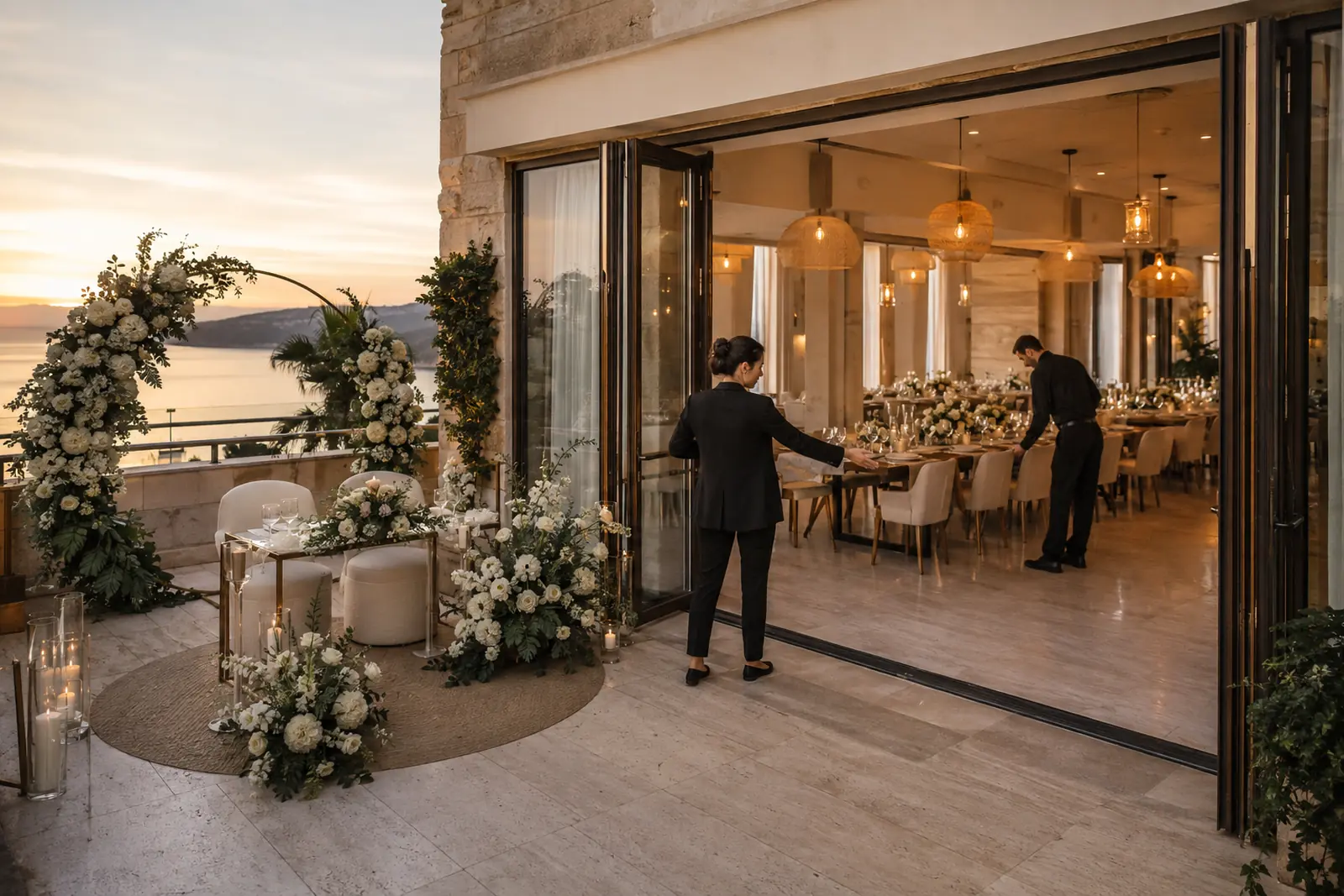 Shaded outdoor celebration linked to a protected indoor dining area