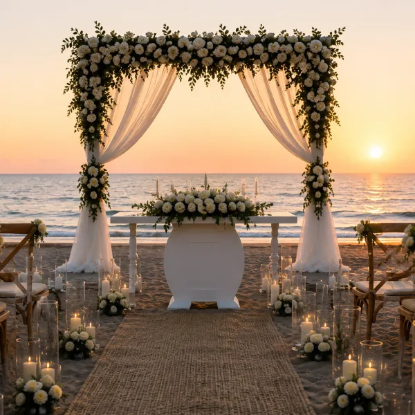 1. alt="Geniş plaj düğünü kurulumu"

2. alt="Deniz manzaralı nikah alanı"

3. alt="Plaj düğünü masa dekoru"

4. alt="Gün batımı sahil daveti"

5. alt="Işıklandırmalı plaj düğünü"