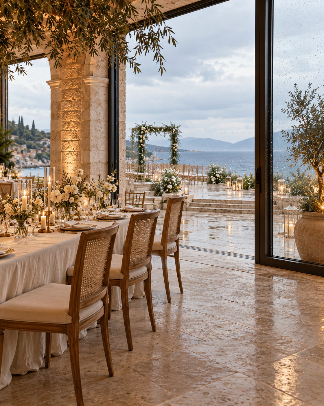 Outdoor Antalya wedding setting with indoor backup nearby