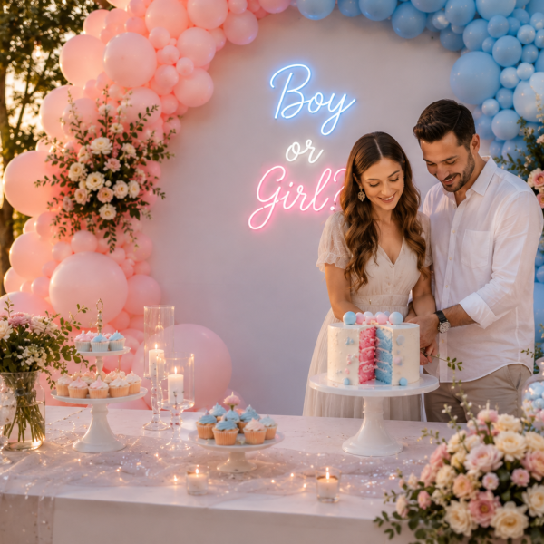 1 Gender reveal dekor alanı
2 Gender reveal pasta kesimi
3 Gender reveal konfeti anı
4 Gender reveal sürpriz kutusu
5 Gender reveal pasta detayı
6 Solara ekibi dekor kurulumu