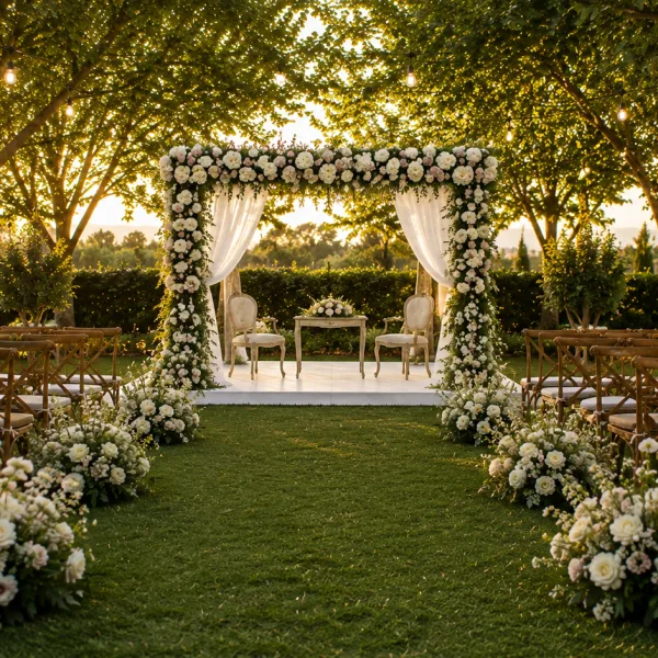 1 Bahçe düğünü nikah alanı
2 Işıklı bahçe düğünü masaları
3 Akşam bahçe düğünü düzeni
4 Bahçe düğünü karşılama tabelası
5 Mumlu masa çiçek dekoru
6 Solara ekibi kurulumda