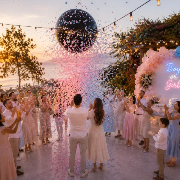 1 Gender reveal dekor alanı
2 Gender reveal pasta kesimi
3 Gender reveal konfeti anı
4 Gender reveal sürpriz kutusu
5 Gender reveal pasta detayı
6 Solara ekibi dekor kurulumu