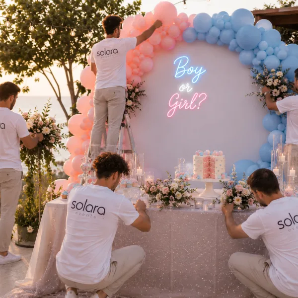 1 Gender reveal dekor alanı
2 Gender reveal pasta kesimi
3 Gender reveal konfeti anı
4 Gender reveal sürpriz kutusu
5 Gender reveal pasta detayı
6 Solara ekibi dekor kurulumu