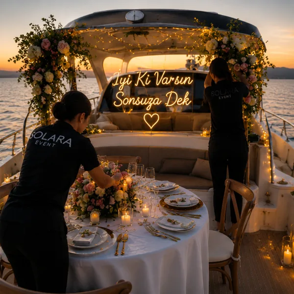 1. Antalya yatta yıldönümü organizasyonu
2. Yat güvertesinde romantik dekor
3. Evlilik yıldönümü pasta sunumu
4. Solara Event yat kurulumu
