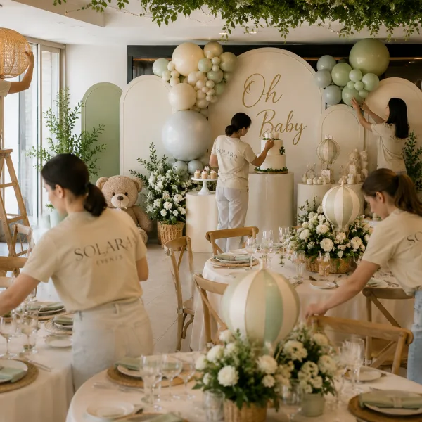 1 Baby shower karşılama dekoru
2 Baby shower oturma düzeni
3 Baby shower masa detayı
4 Baby shower hediye keseleri
5 Baby shower pasta masası
6 Solara ekip kurulum hazırlığı