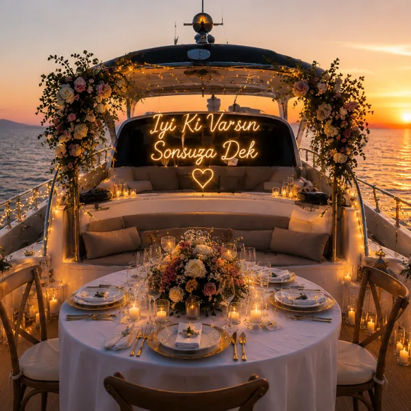 1. Antalya yatta yıldönümü organizasyonu
2. Yat güvertesinde romantik dekor
3. Evlilik yıldönümü pasta sunumu
4. Solara Event yat kurulumu