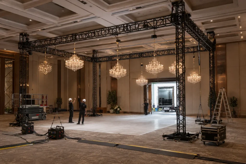 Yedi kristal avizeli truss sistemini kontrol eden düğün teknik ekibi